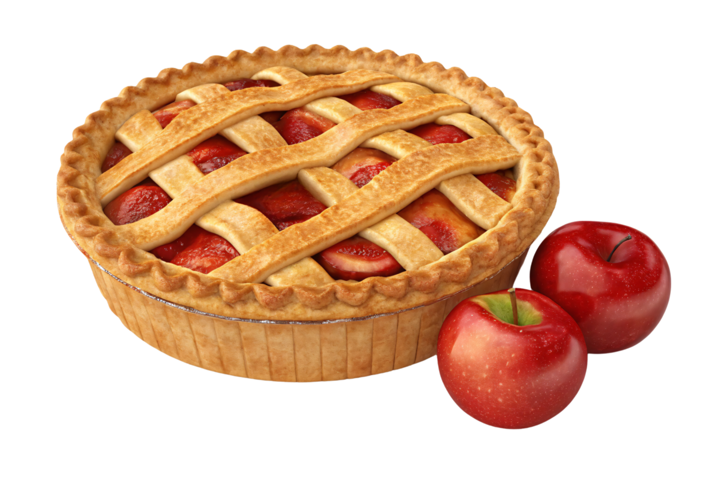 A rich apple pie topped with a precise lattice crust, its edges neatly crimped, paired with two shiny red apples for a homely vibe png