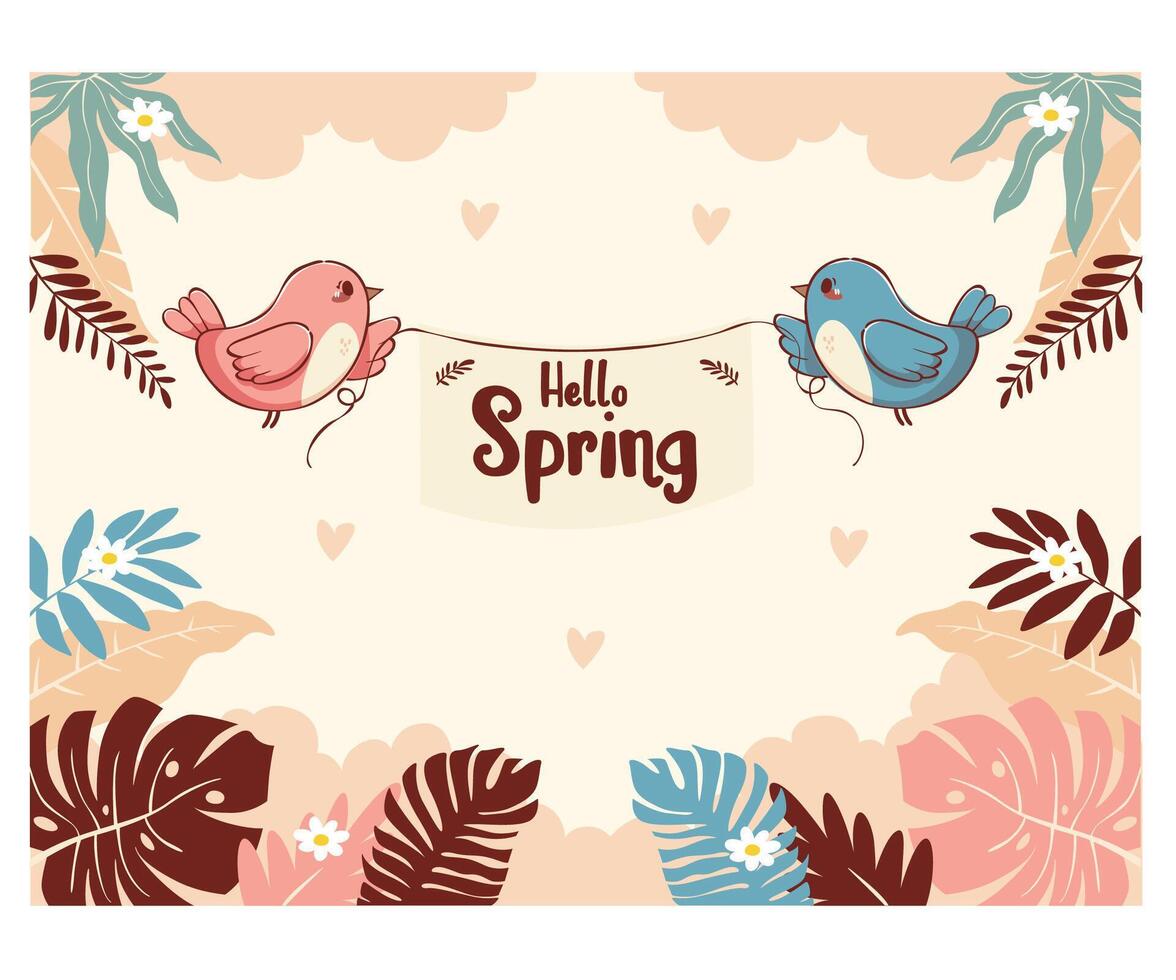 Charming Spring-Themed Illustration with Birds and Flowers vector