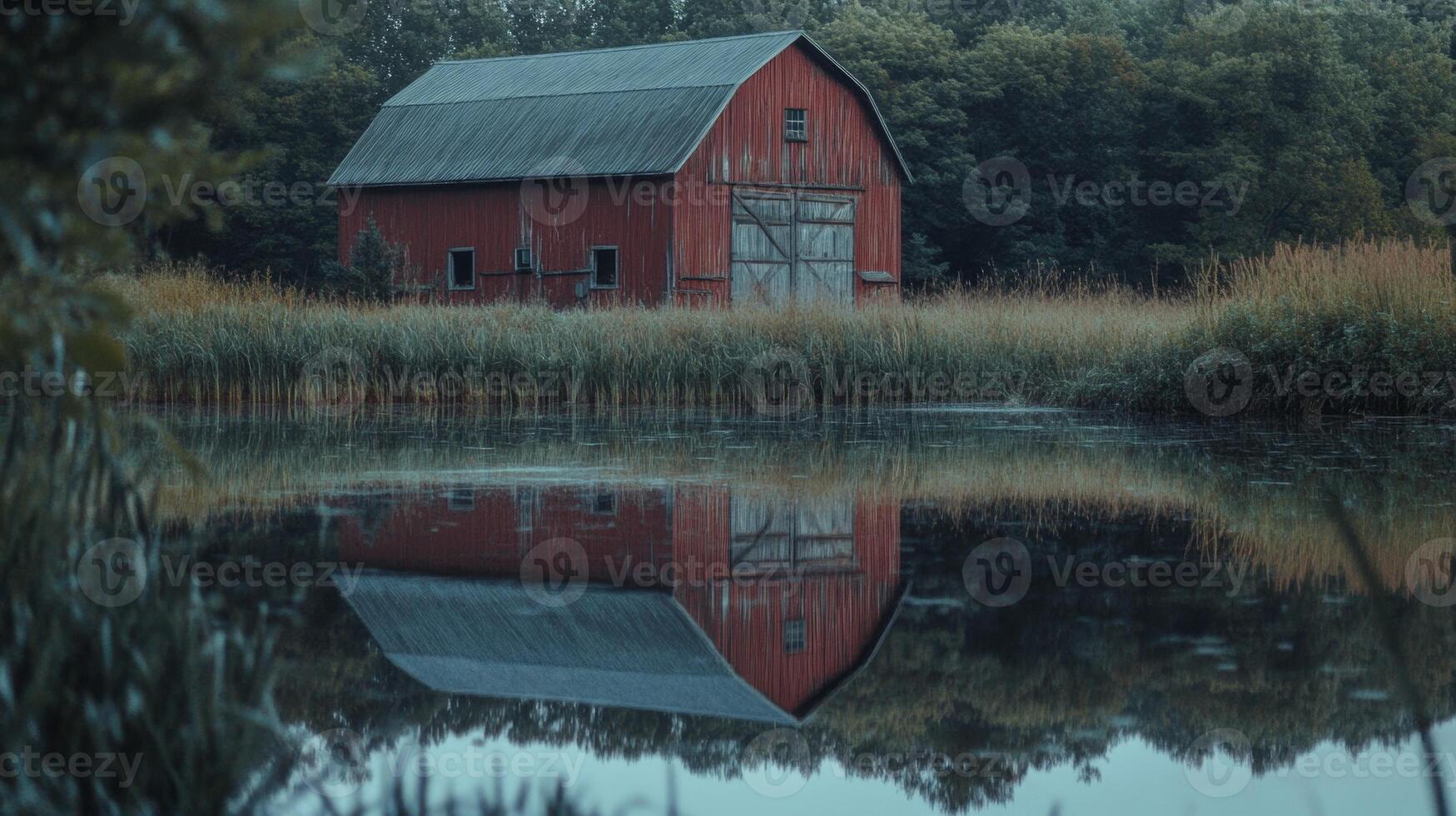 A tranquil image of a red barn reflecting in still water at twilight, surrounded by lush greenery. This serene countryside scene evokes peace and simplicity. photo