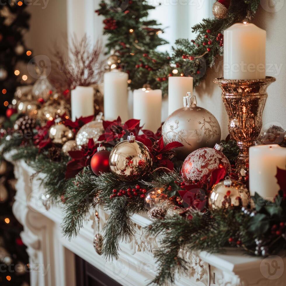 A beautifully decorated mantel with candles, ornaments, and greenery, creating a warm and festive Christmas ambiance. photo