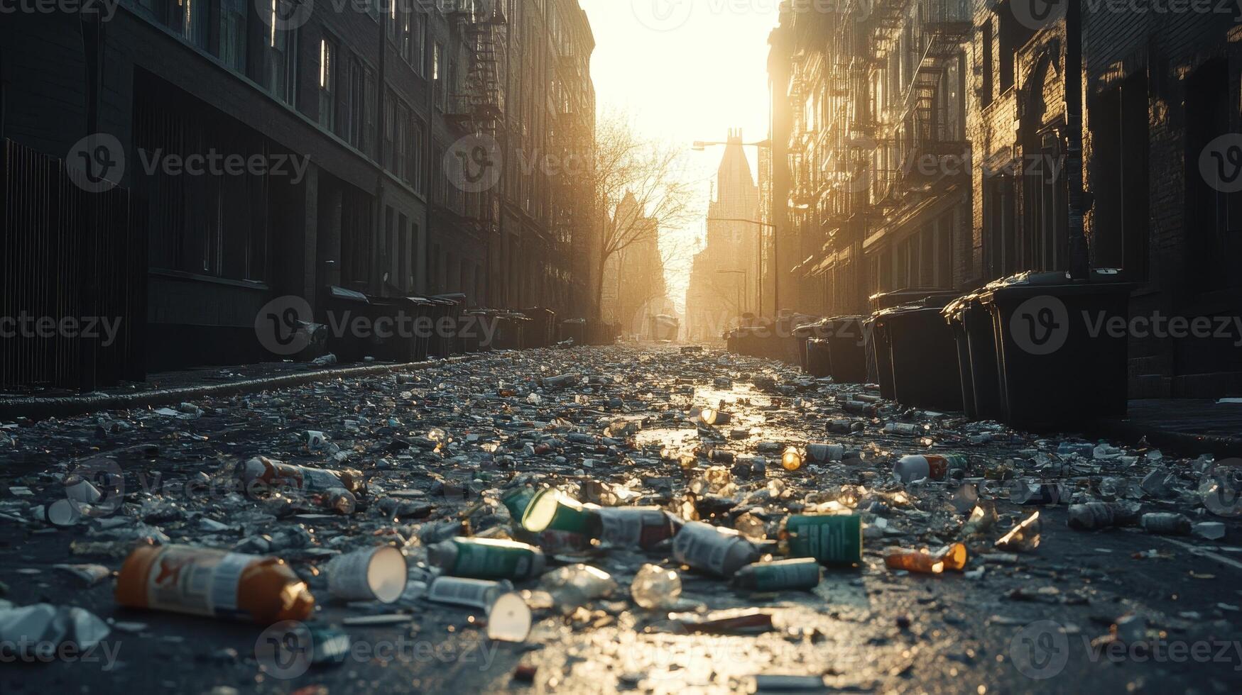 A striking urban street scene filled with trash and debris at sunrise, highlighting issues of waste and neglect in city environments. photo