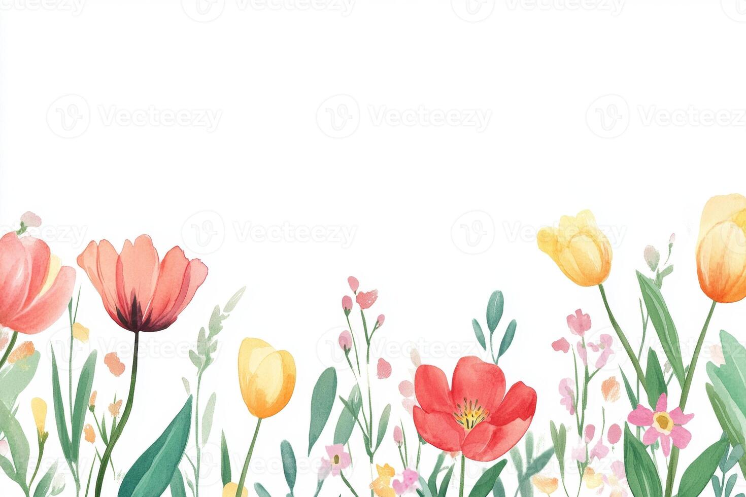 Watercolor Floral Border with Tulips and Poppies photo