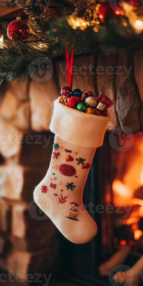 Cozy Christmas stocking filled with festive treats hanging by a warm fireplace, creating a holiday atmosphere. photo