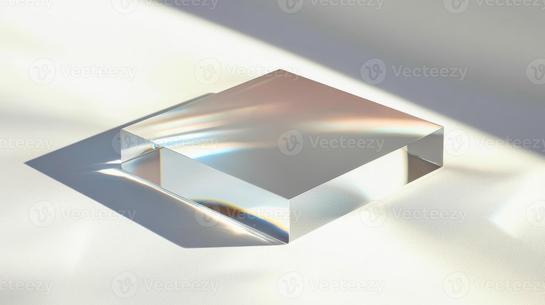 A square piece of glass is sitting on a white surface. The glass is reflecting the light from the sun photo