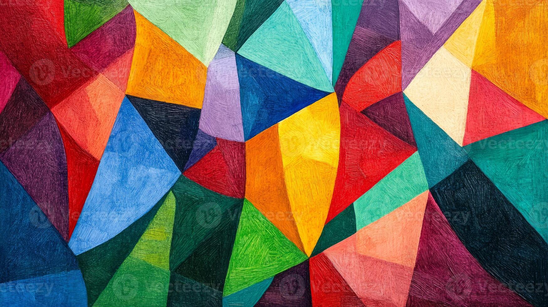 A colorful painting with many different colors and shapes. The painting is a mix of green, blue, red, and yellow photo