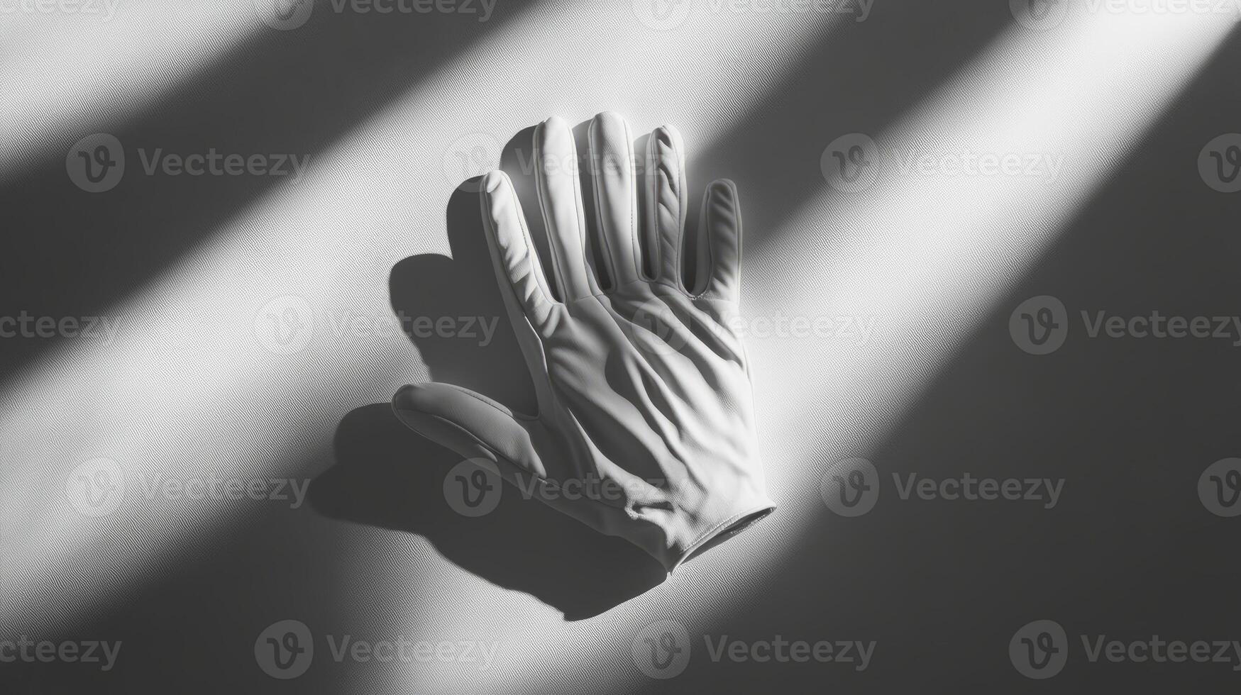 A white glove is laying on a table. The glove is not on a person's hand photo