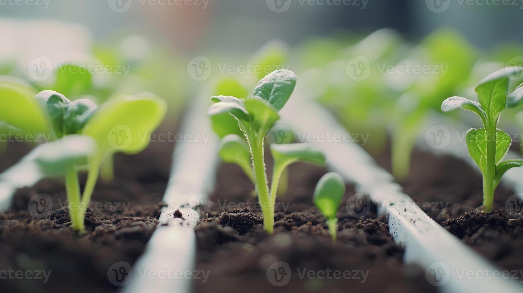 A row of young plants are growing in a garden. The plants are small and green, and they are growing in soil. The garden is well-maintained and he is thriving photo