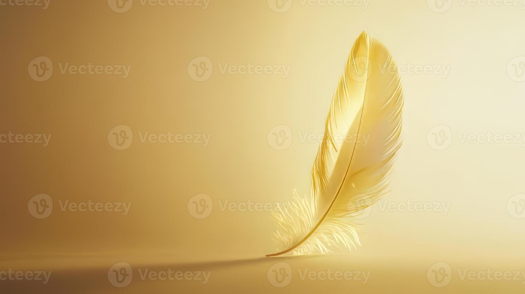 A single golden feather stands upright on a smooth surface, illuminated by soft lighting, casting gentle shadows on a minimalist background. photo
