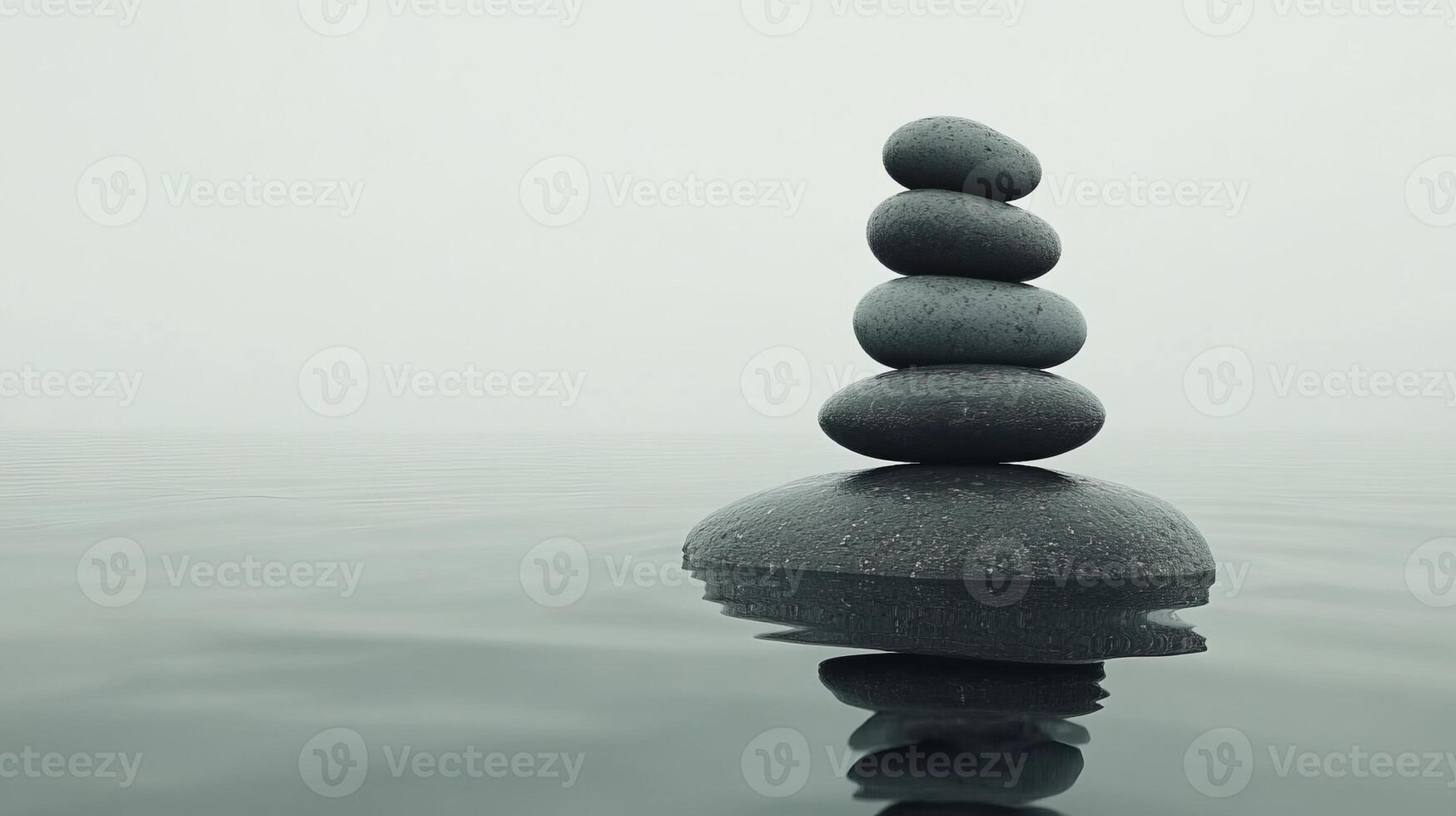 A calming image of stacked stones on water, reflecting a minimalist and zen atmosphere with a soft green background. photo
