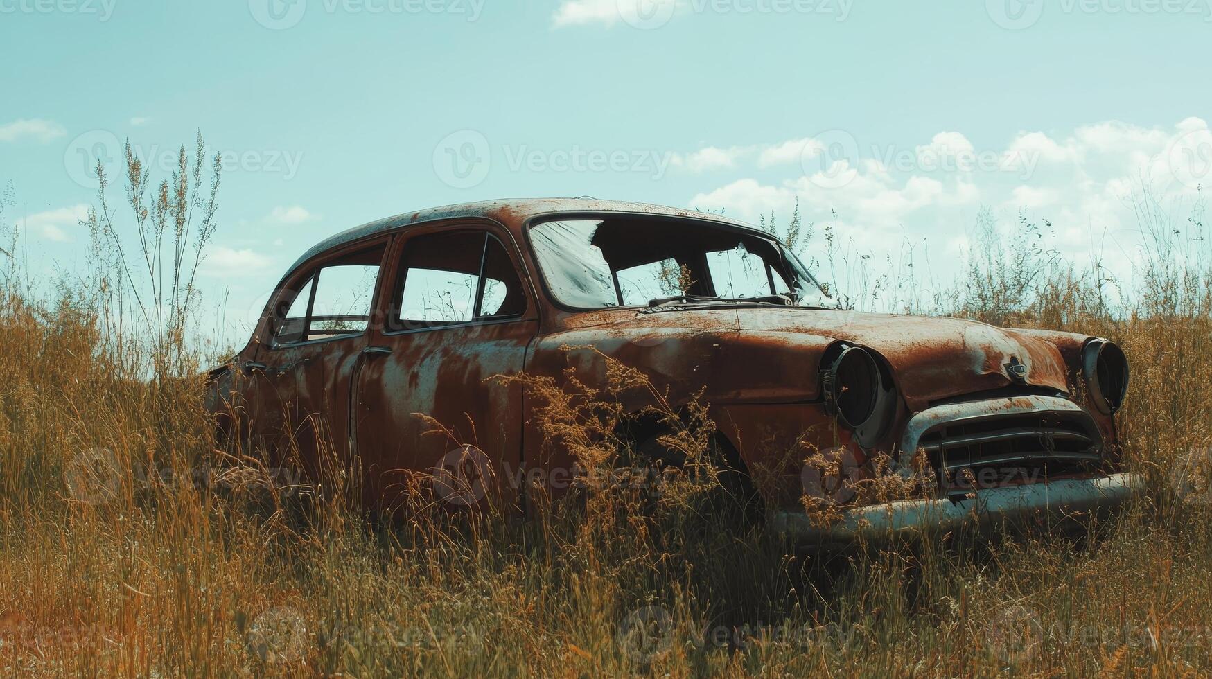 A rustic vintage car sits abandoned in an overgrown field, showcasing its rusty exterior. The scene captures a blend of nature reclaiming a forgotten relic under a bright sky. photo