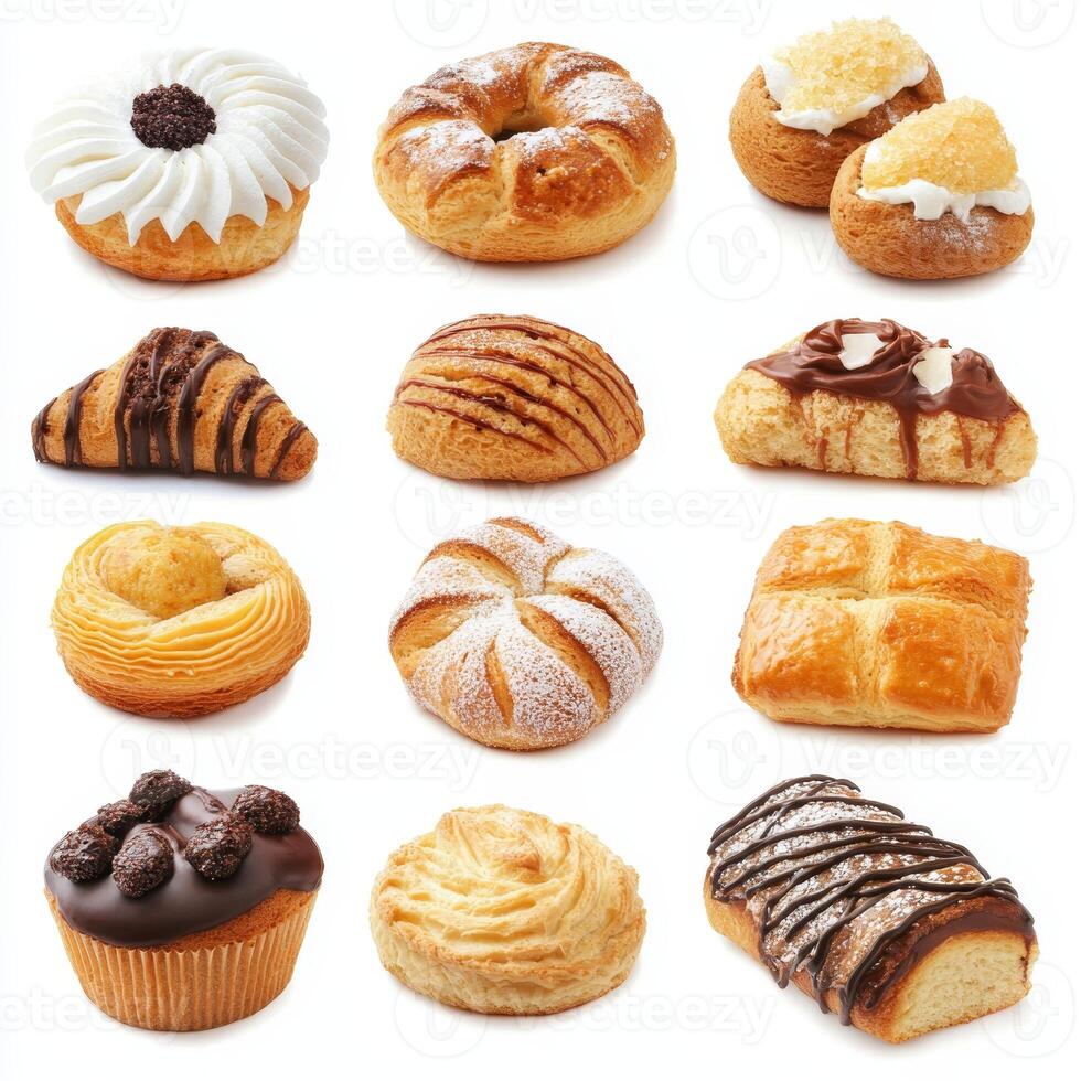 A collection of pastries, including donuts, croissants, and muffins, are displayed in a row photo