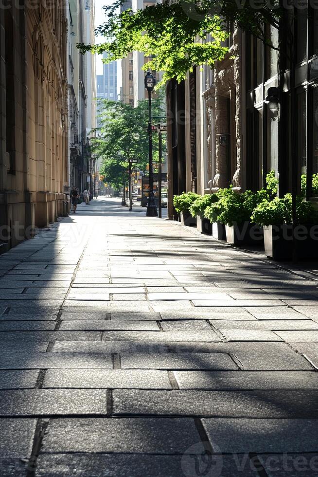 A serene city street bathed in sunlight, showcasing modern architecture and lush greenery, creating a peaceful urban environment. photo