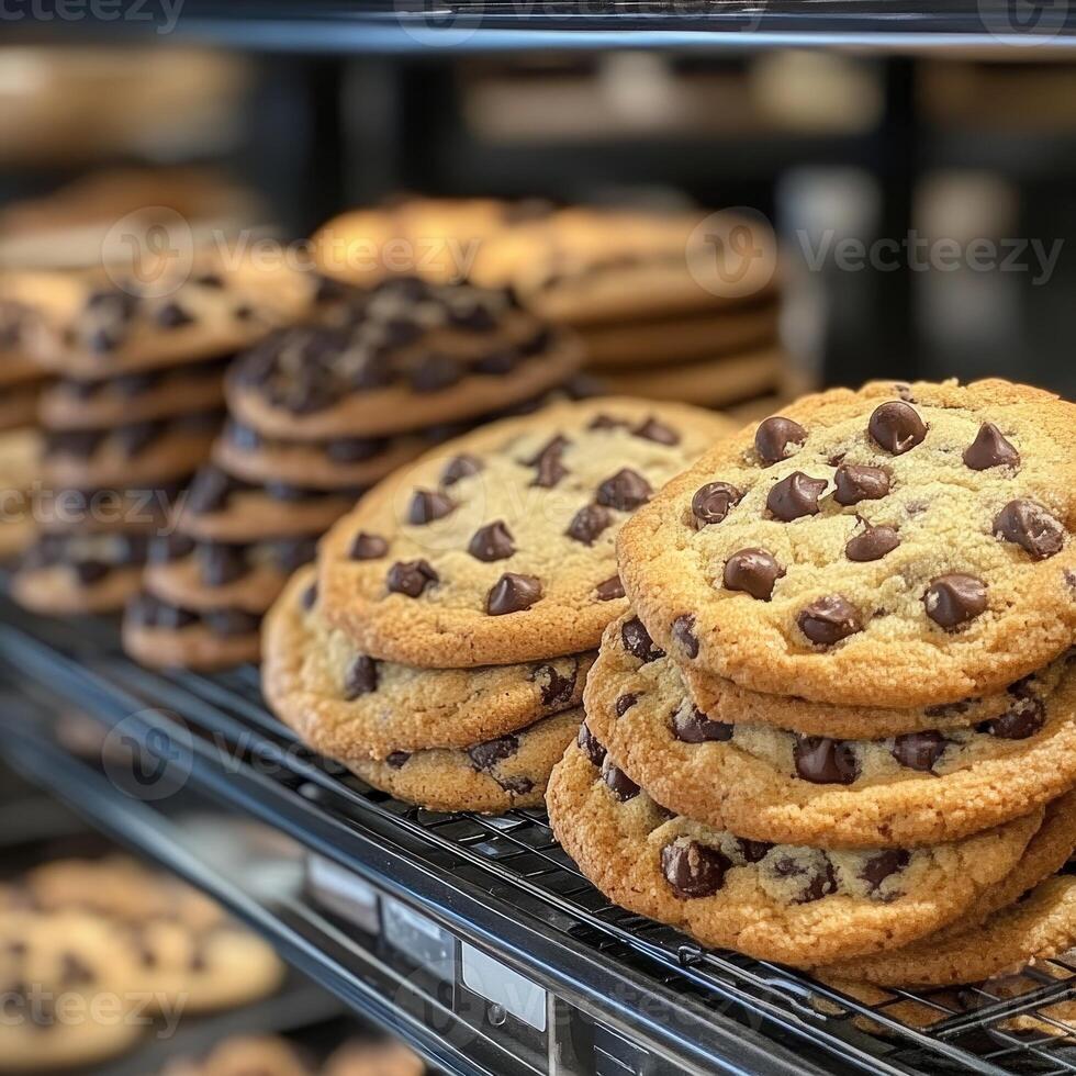 A tempting display of freshly baked chocolate chip cookies stacked on a shelf. These cookies offer a delightful combination of sweetness and comfort, perfect for any occasion. photo