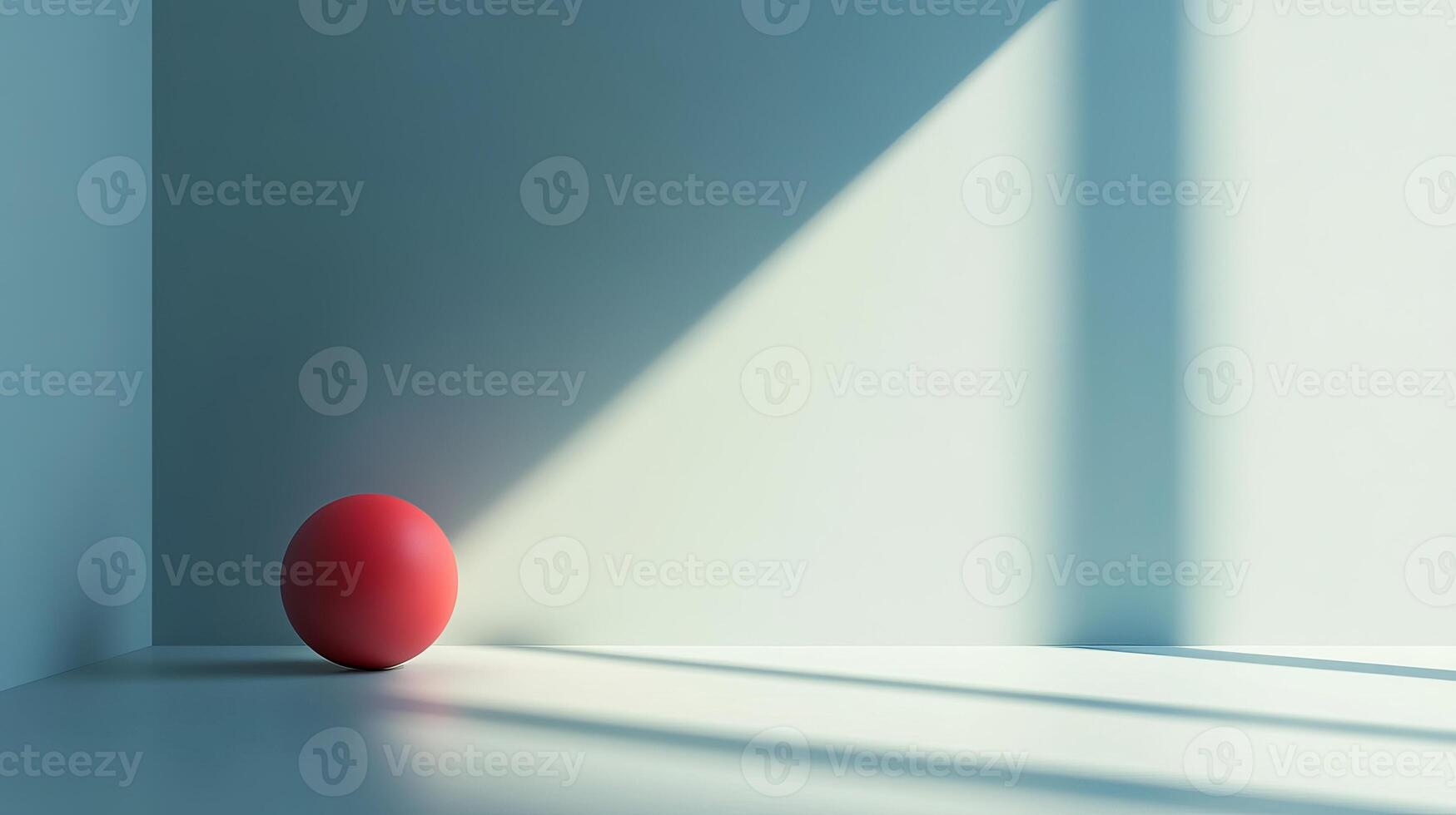 A bright red sphere rests on a minimalist surface, casting subtle shadows. The interplay of light creates a serene atmosphere, perfect for modern aesthetic themes. photo