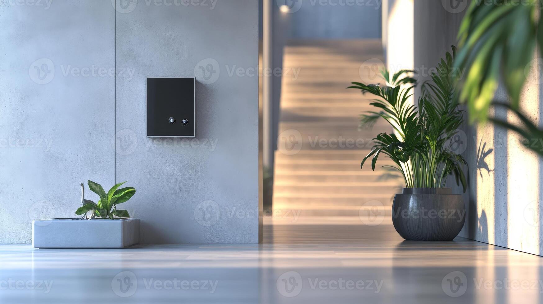 Explore a serene modern interior featuring minimalist design, lush plants, and natural light streaming through an open space, creating a tranquil atmosphere. photo