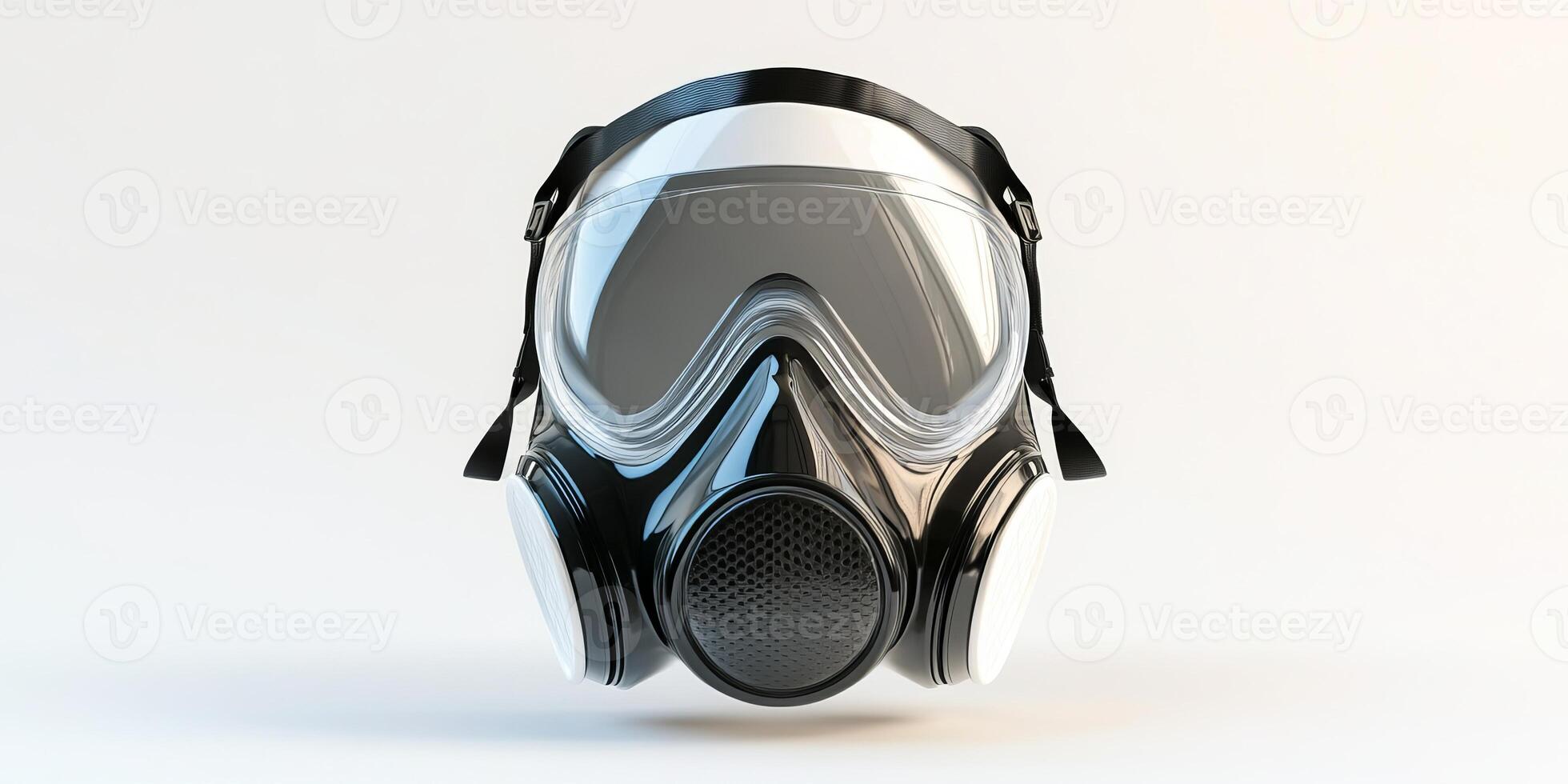 Close-up of a modern gas mask featuring a clear visor and adjustable straps, ideal for safety and industrial applications. photo