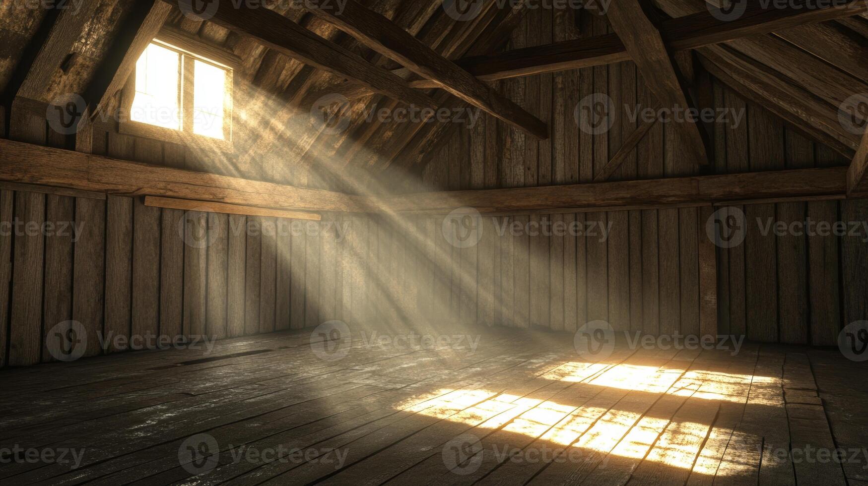 A serene wooden attic room with sunlight streaming through a window. This rustic space features warm wooden textures and quiet shadows, creating a tranquil atmosphere. photo