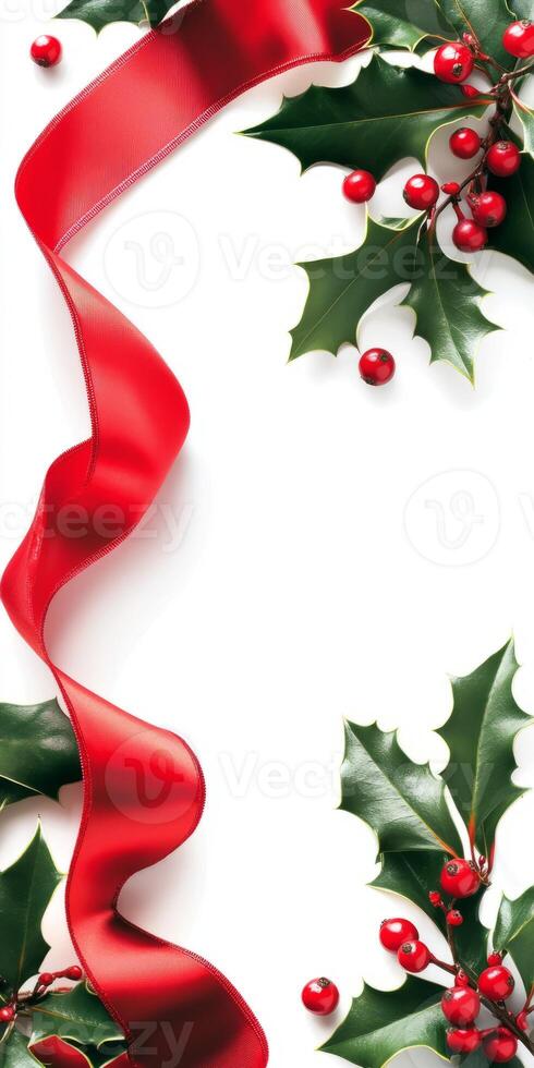 Red ribbon is wrapped around a white background with red berries. Concept of festivity and joy, as the ribbon photo