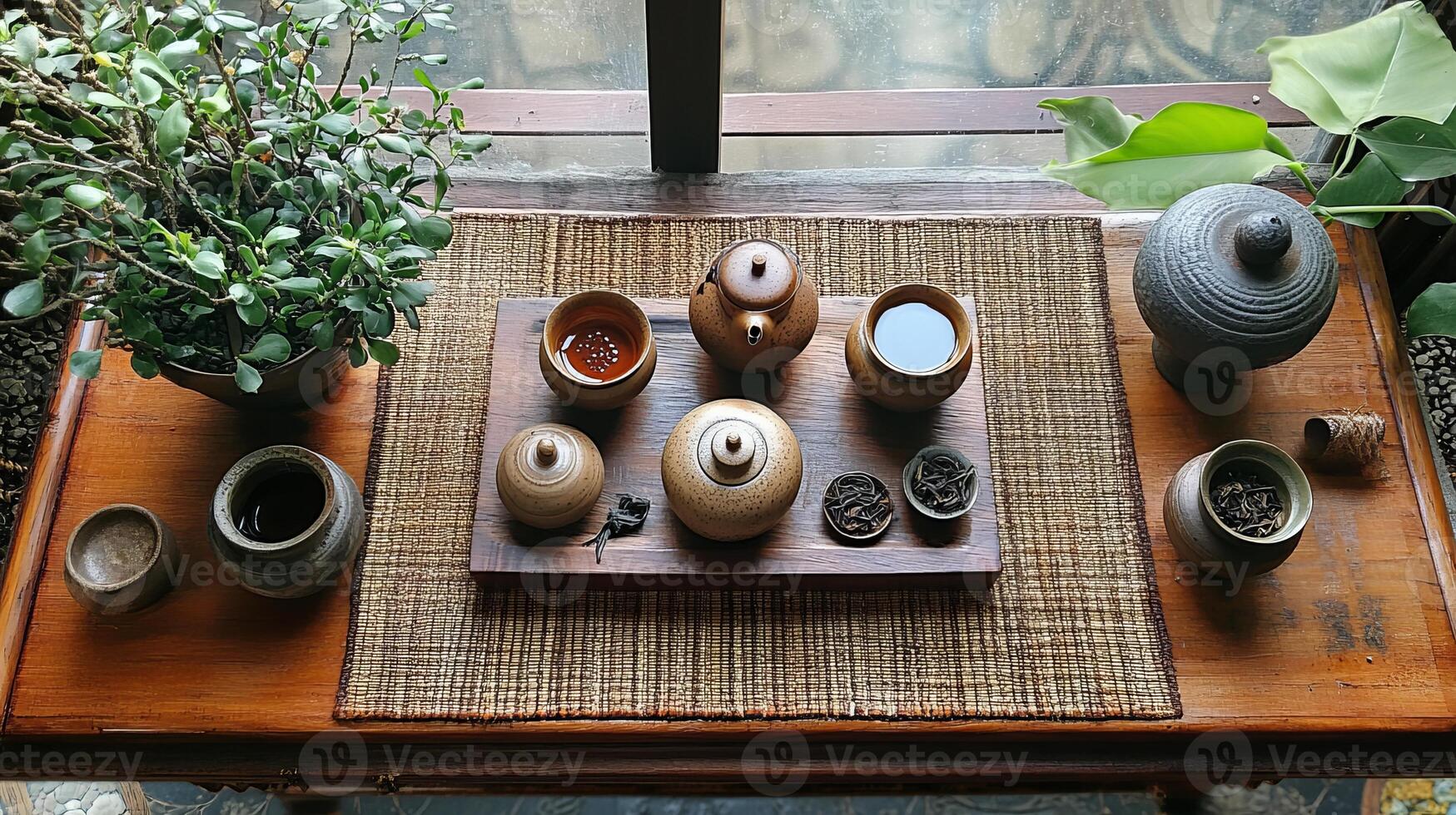 A rustic tea set displayed on a wooden table with plants, creating a cozy and inviting atmosphere. photo