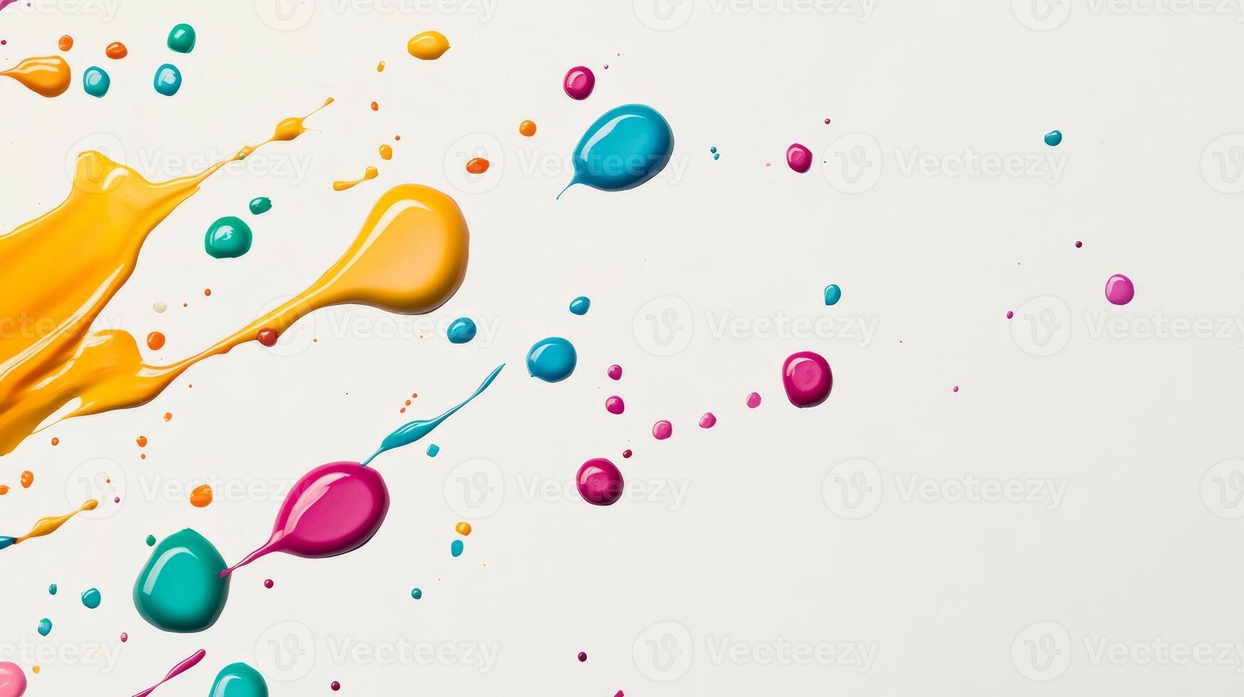 A colorful paint splatter on a white background. The splatter is made up of many different colors, including yellow, pink, and blue photo