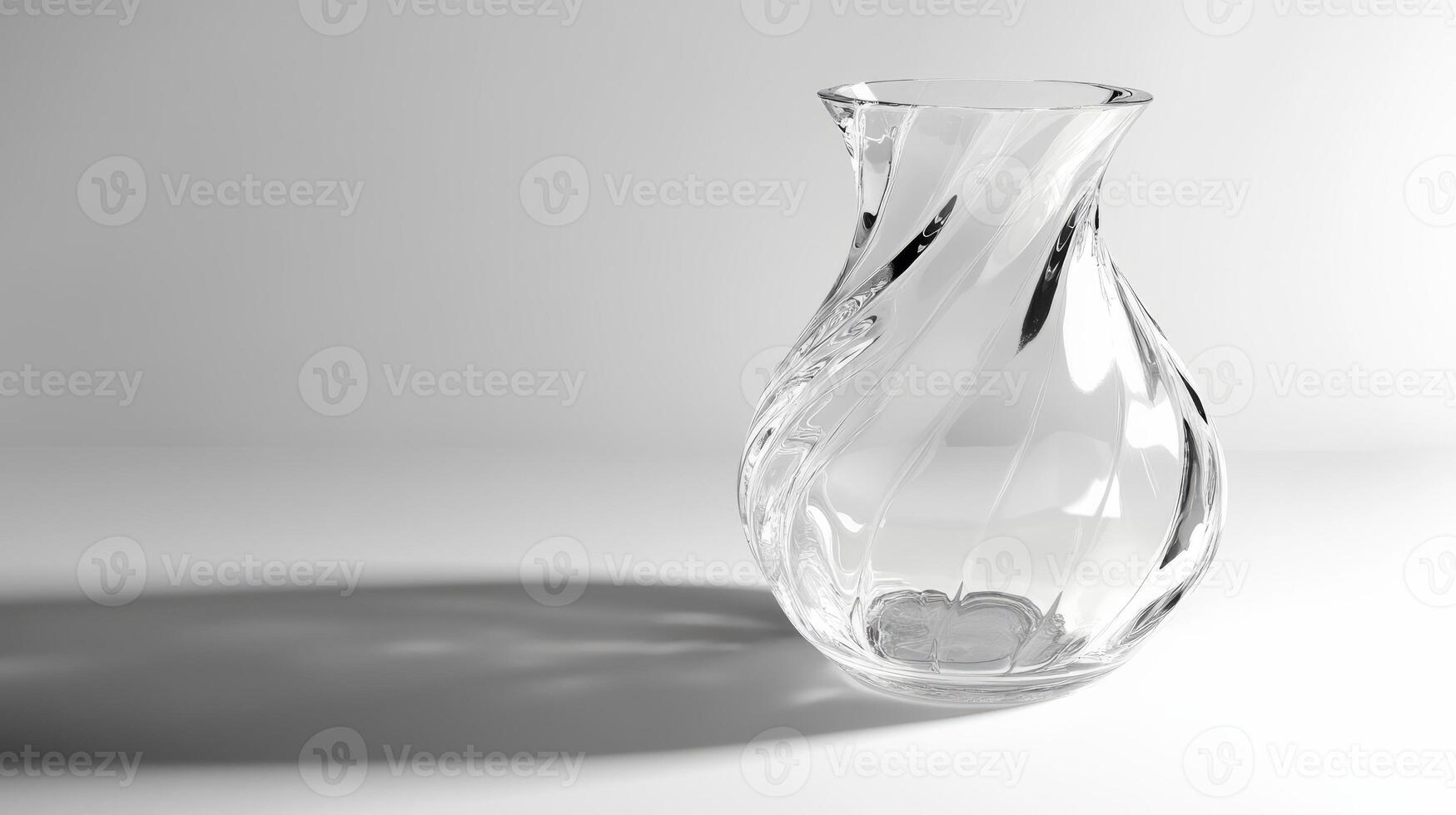 A clear glass vase with a spiral design sits on a white table. The vase is empty photo