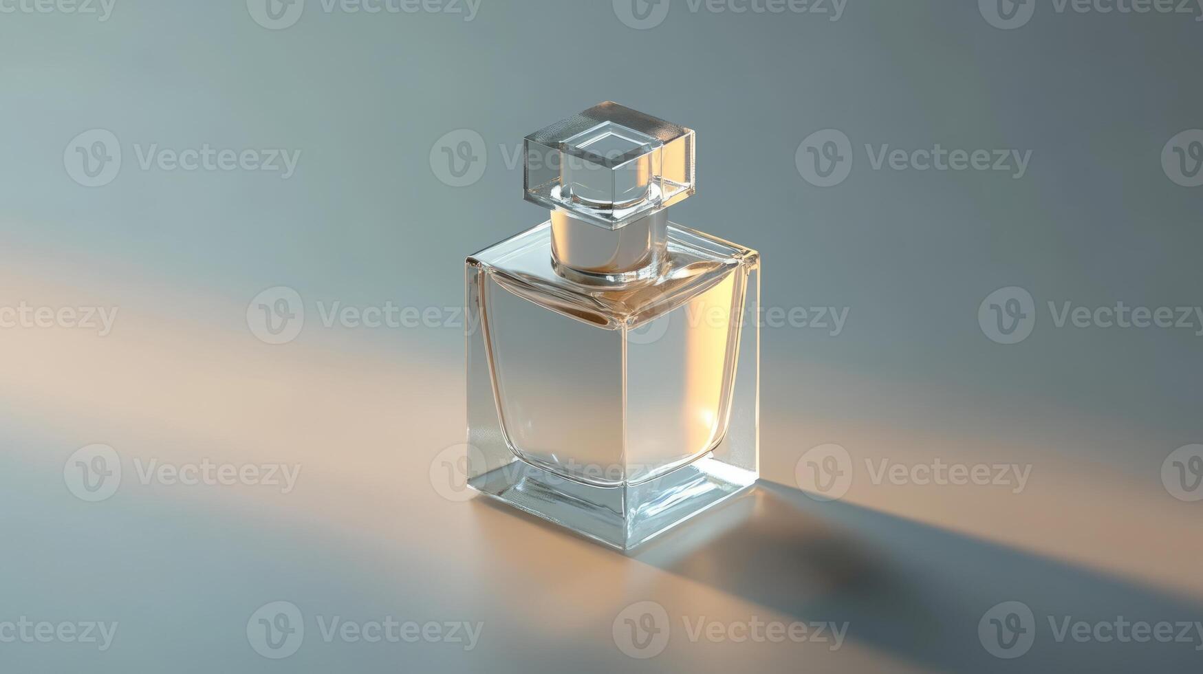A sleek glass perfume bottle illuminated by soft lighting, set against a minimalist background, perfect for beauty and fragrance themes. photo