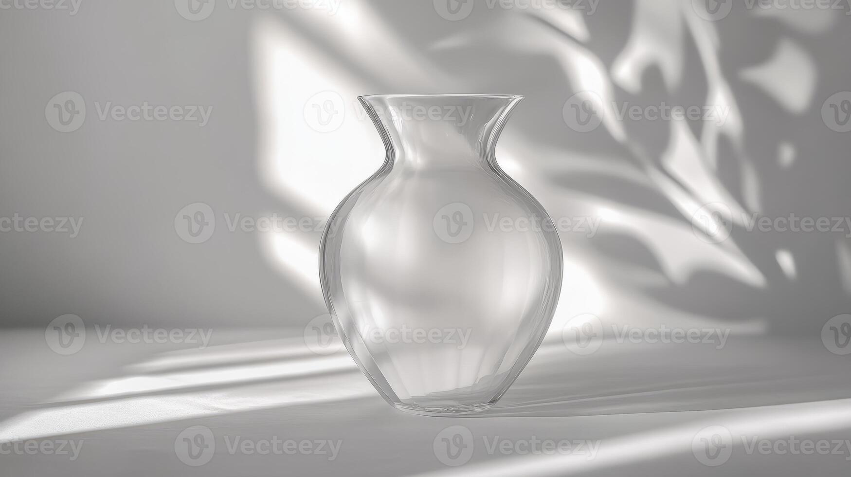 A clear glass vase casting intricate shadows on a white surface, creating a minimalist and artistic composition. photo