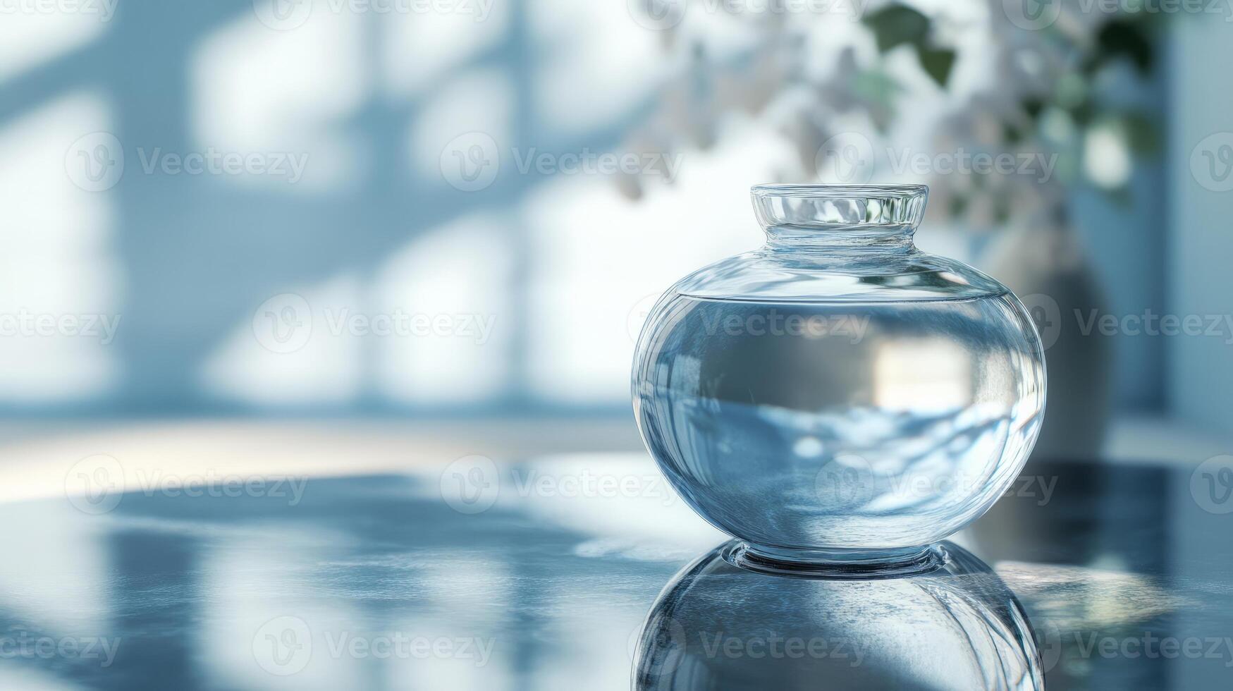 A minimalist glass vase filled with water on a reflective surface, capturing sunlight and soft shadows in a serene setting. photo