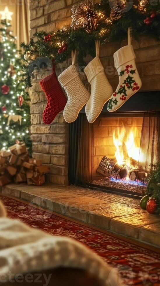Fireplace with a Christmas tree and four stockings hanging from it. The stockings are white and red photo