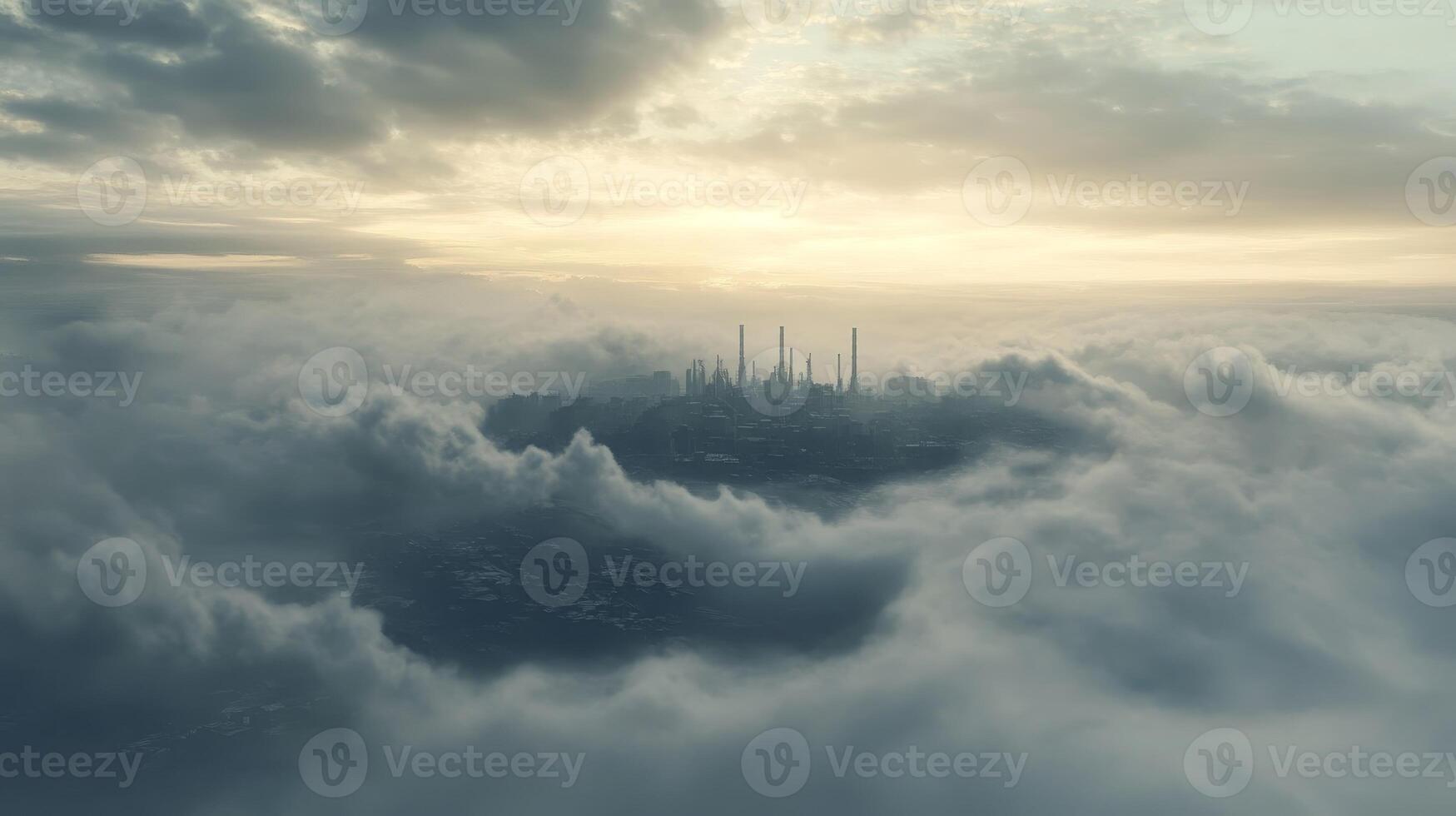 This mesmerizing aerial view captures an industrial city emerging from a sea of soft clouds, bathed in warm light during sunrise. photo
