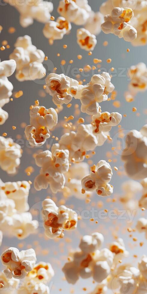 A captivating image of popcorn kernels floating against a gray background, showcasing their delightful texture and airy motion, perfect for food imagery. photo