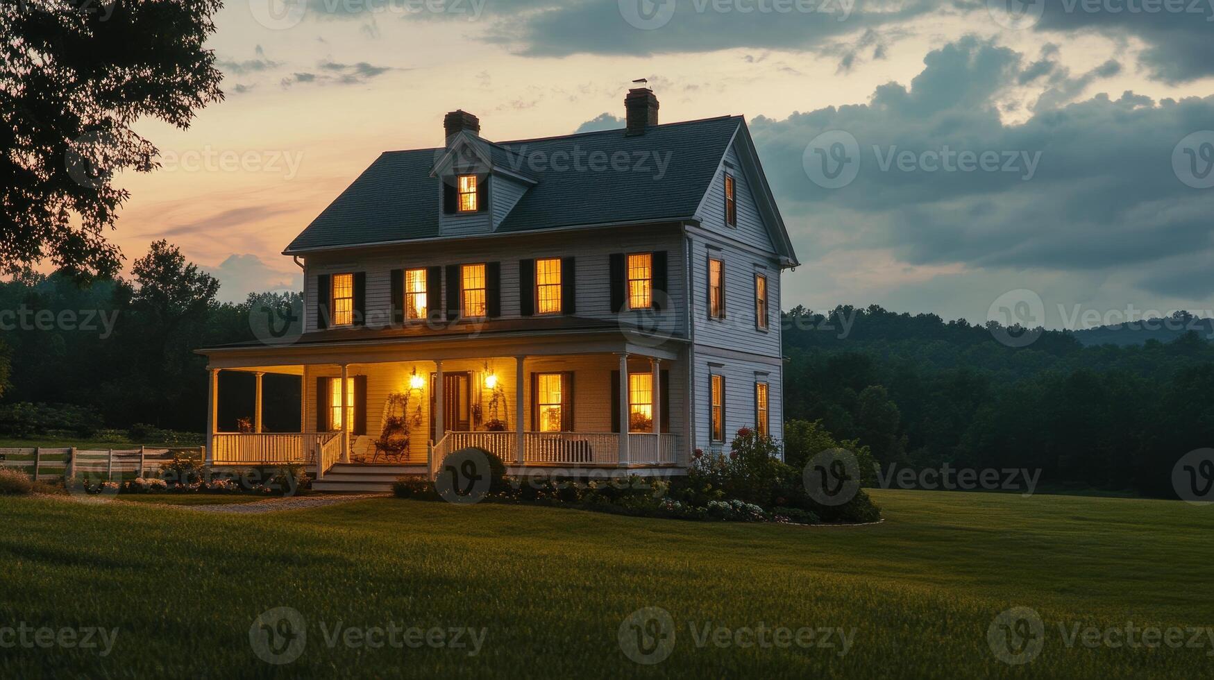 A large white house with a porch and a large yard. The house is lit up at night, giving it a warm and inviting atmosphere. The surrounding landscape is peaceful and serene photo
