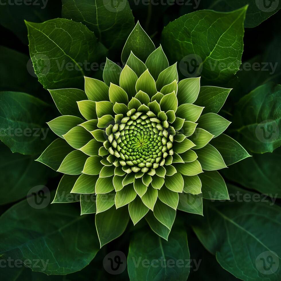 A detailed close-up of a green succulent showcasing its symmetrical leaf pattern and vibrant texture. photo