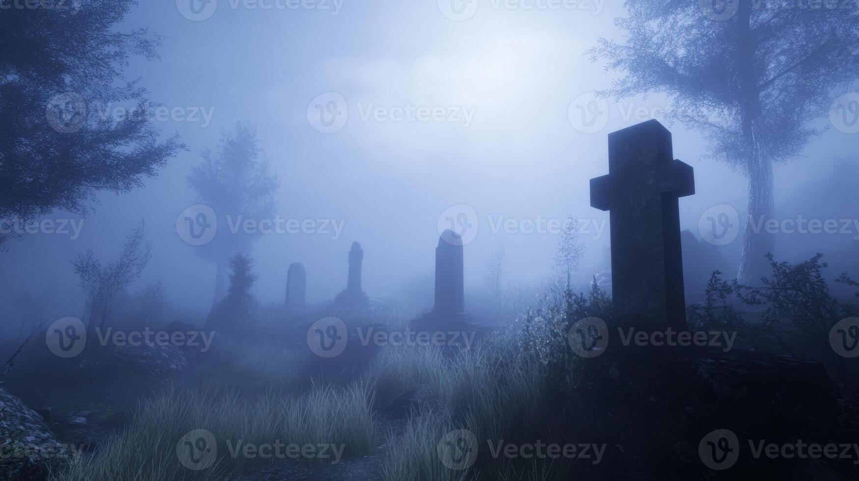 A hauntingly beautiful cemetery shrouded in fog, featuring ancient tombstones and a mysterious, eerie atmosphere in a misty forest. photo