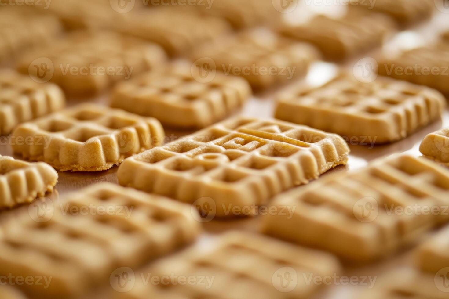 A close-up view of delicious golden waffles with unique patterns arranged on a white surface. Perfect for showcasing culinary creations, breakfast ideas, or snack options. photo