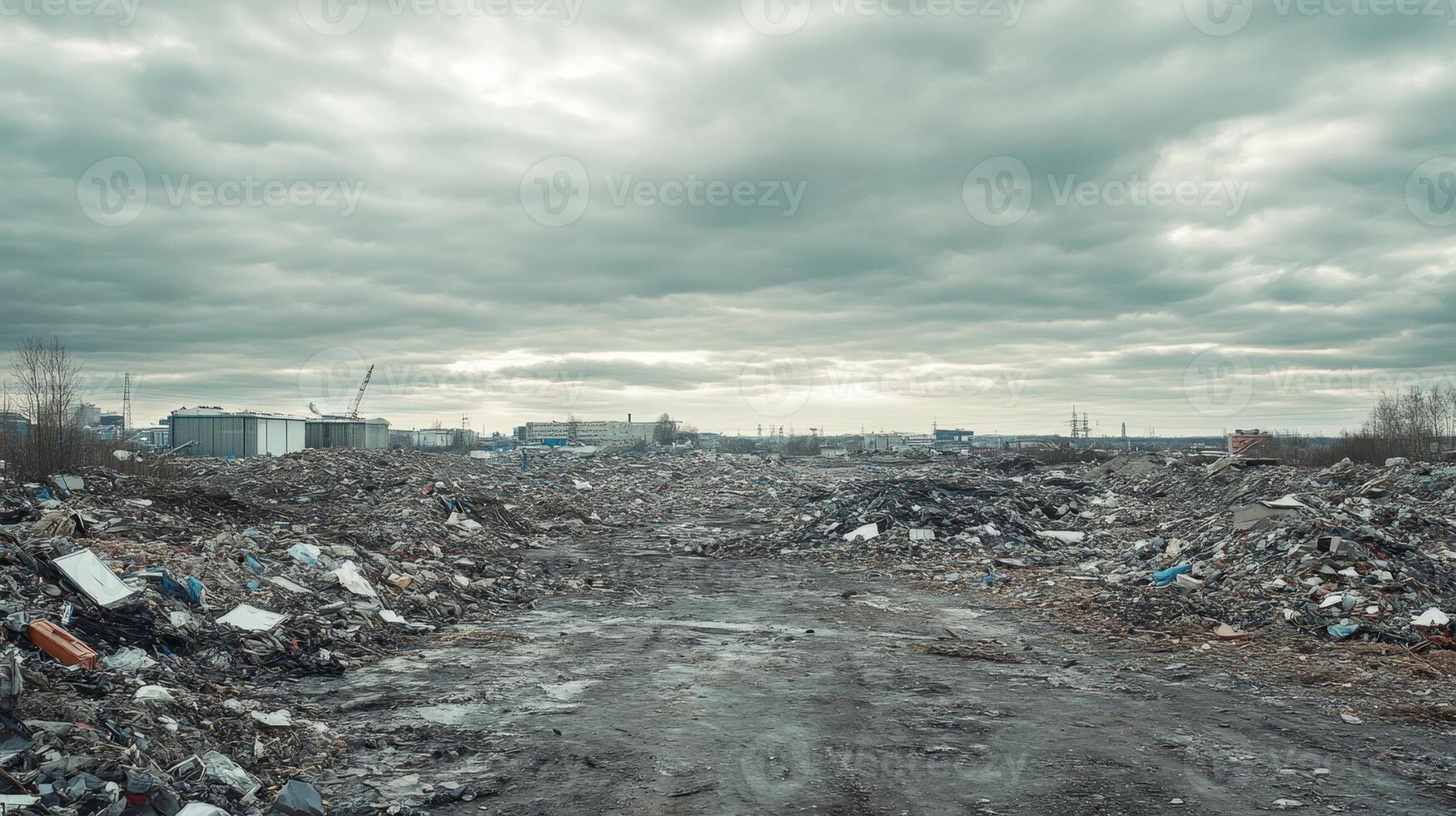 A desolate urban landscape filled with waste and debris, illustrating pollution's impact on the environment under an overcast sky. photo