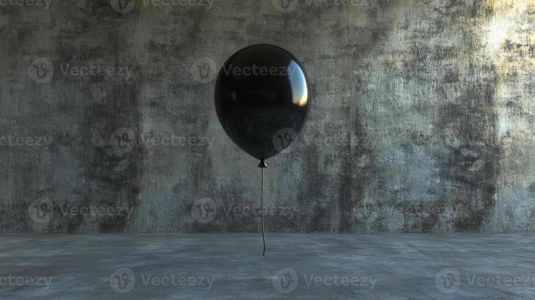 A black balloon is floating in the air. It is the only object in the image. The balloon is not attached to anything photo