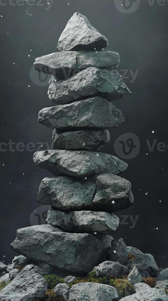 A tall stone cairn stands against a misty background with gentle snowfall, creating a tranquil and mysterious atmosphere. photo