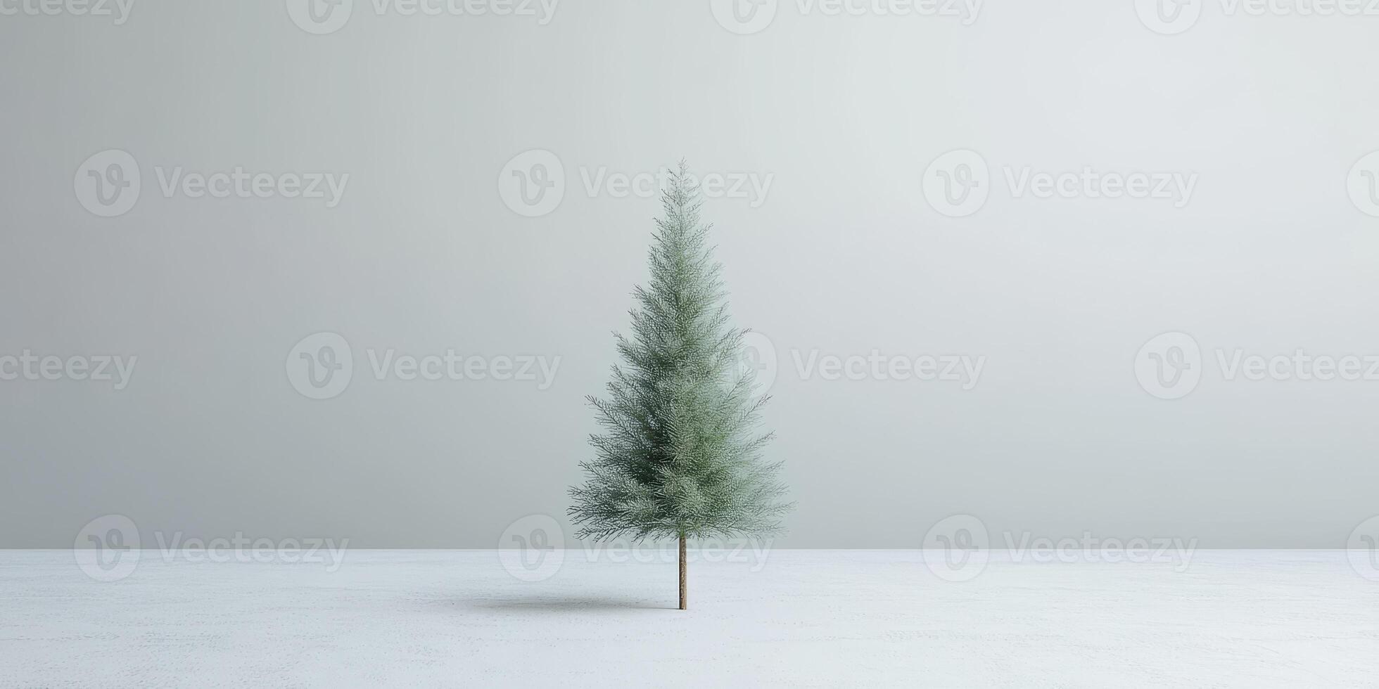 A solitary evergreen tree stands on a snowy plain, creating a serene and minimalist winter scene against a soft gray sky. photo