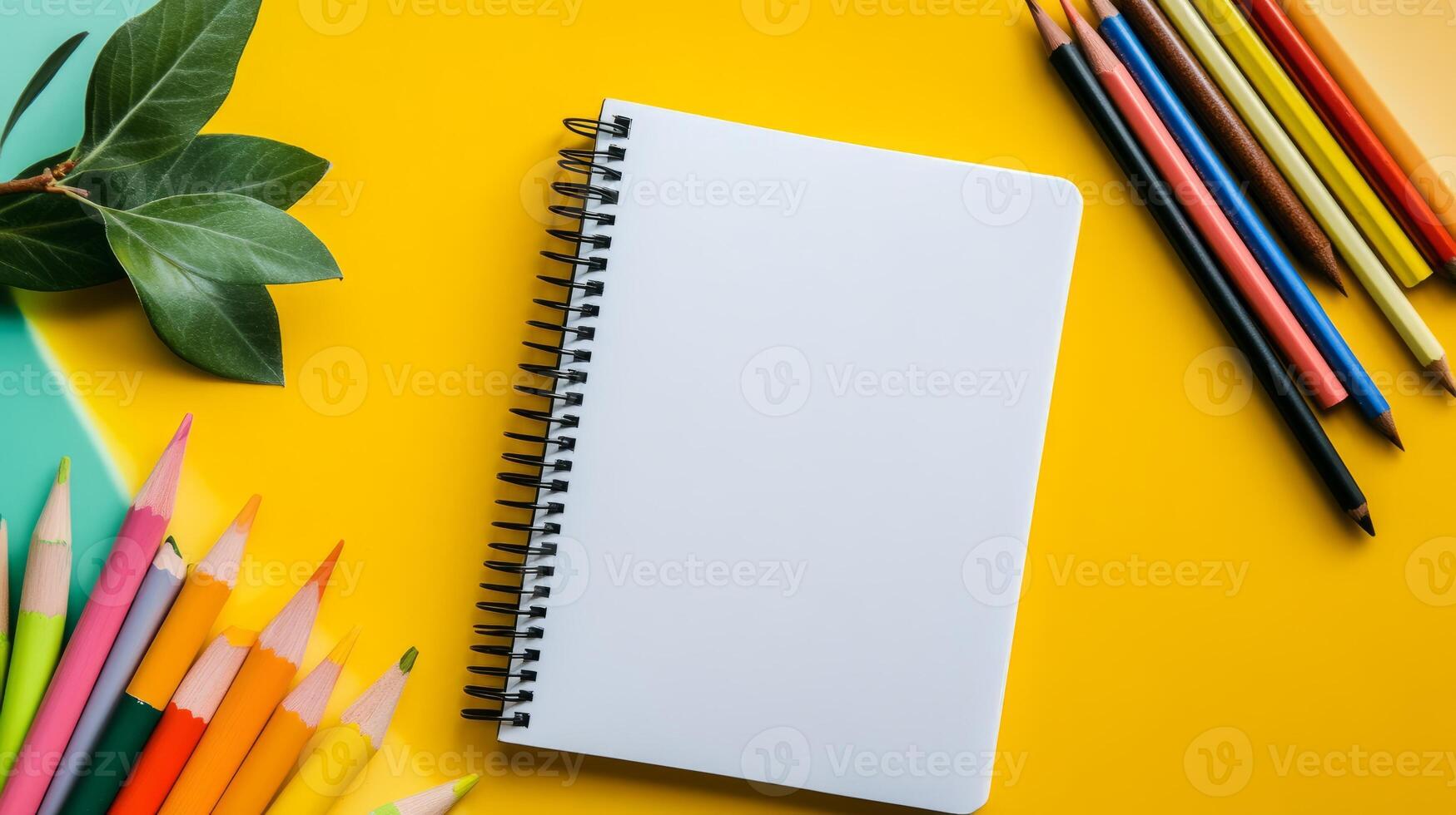 A notebook with a spiral binding sits on a yellow background. There are many colored pencils on the table photo
