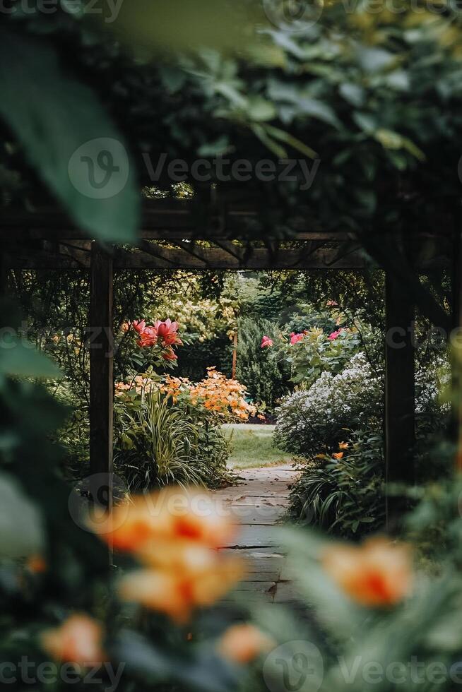 Lush Garden Pathway Surrounded by Vibrant Flowers and Greenery in a Serene Outdoor Setting photo