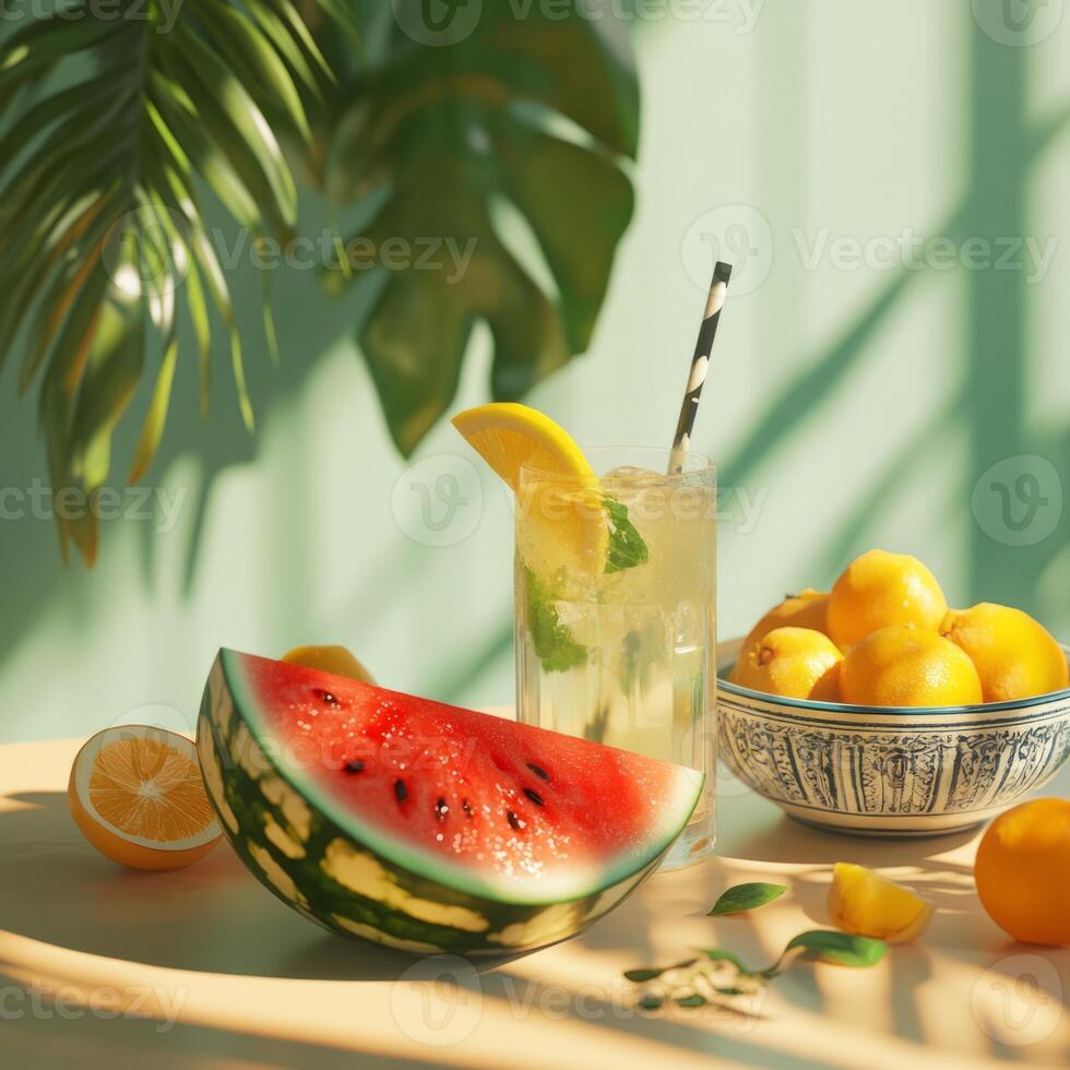 Vibrant summer still life featuring watermelon, lemons, and a mint lemonade drink in a sunlit setting with tropical leaves. photo