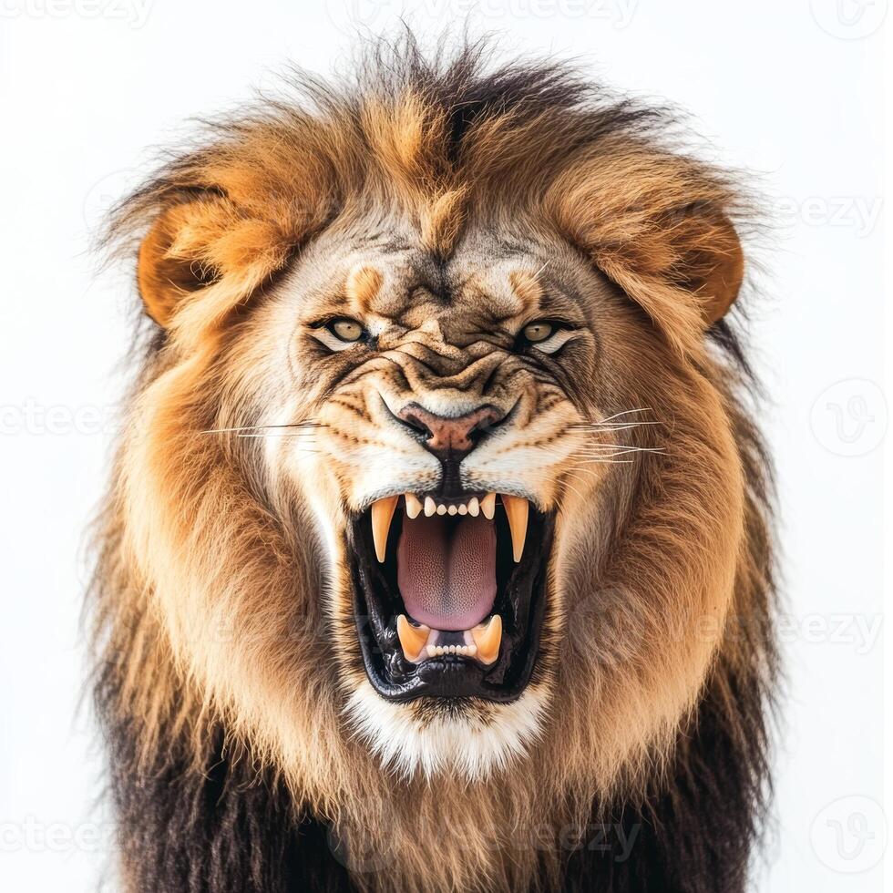 A lion with its mouth open and teeth bared. The lion is angry and ready to attack photo