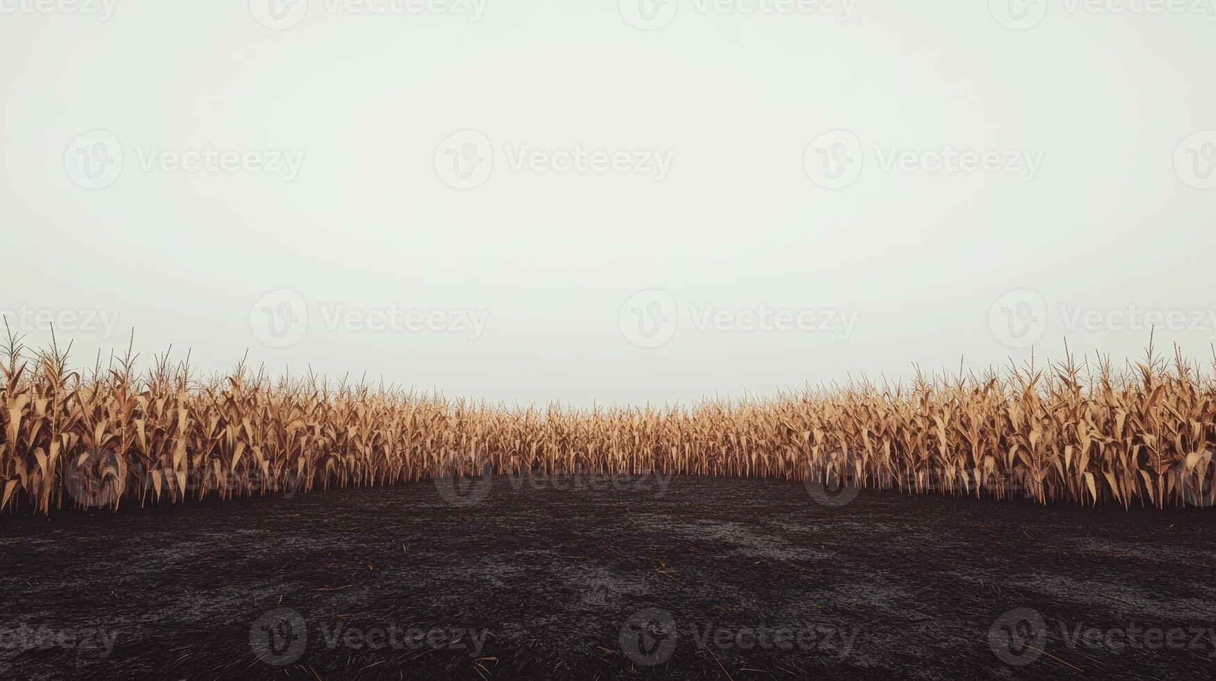 A field of corn is shown in a sepia tone. The corn is tall and the field is empty photo