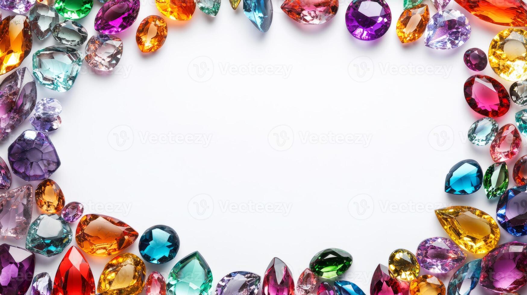 A variety of colorful gemstones form a vibrant border on a white background, perfect for adding text or design elements. photo