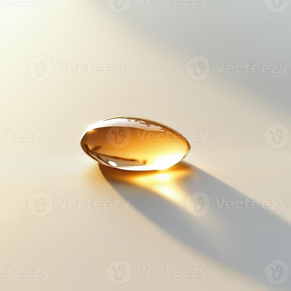 A small, round, yellow object is sitting on a white surface. The object is shiny and reflective photo