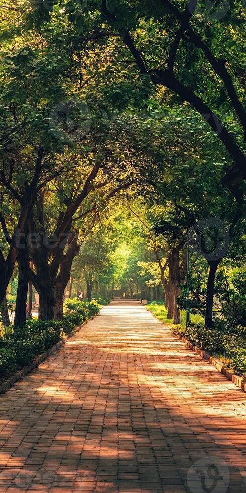A tranquil pathway lined with vibrant green trees, bathed in warm sunlight, creating a peaceful and inviting atmosphere in a park. photo