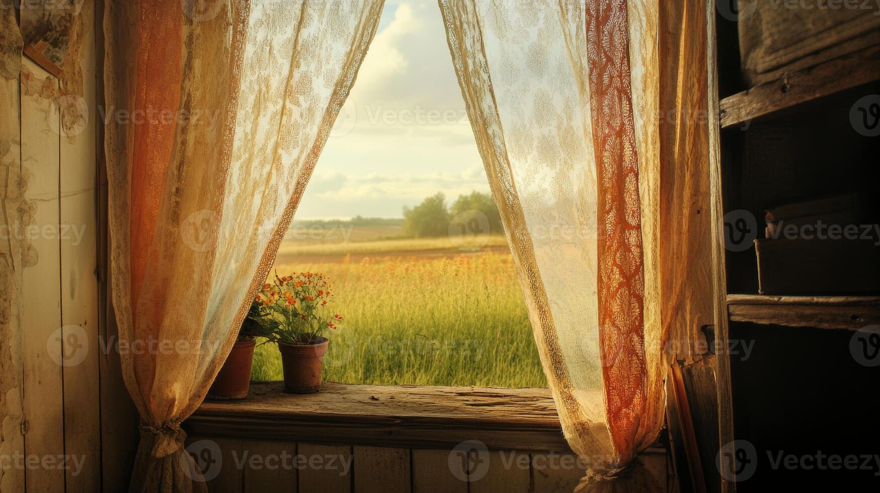 A window with a view of a field and a potted plant. The curtains are open, letting in the sunlight photo