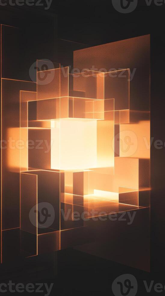 This abstract image features glowing cubes and transparent layers, creating a luminous composition that evokes depth and modern aesthetics. Perfect for design projects. photo