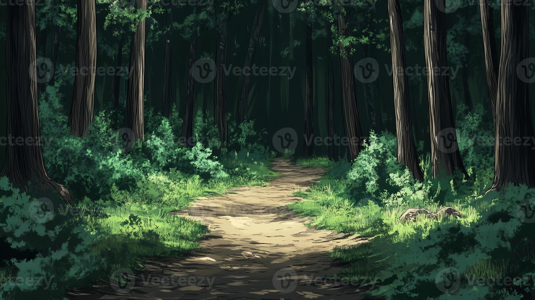 A peaceful forest path winding through dense, vibrant greenery and towering trees, creating a serene and natural atmosphere. photo
